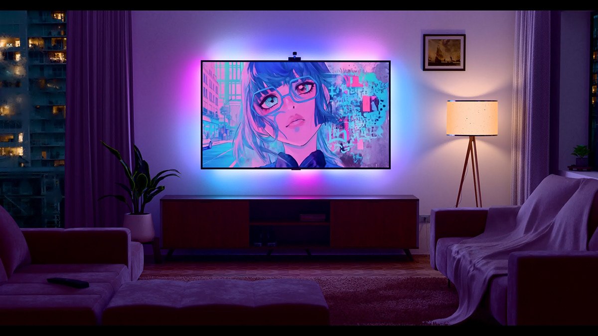Aura TV Backlight 3D render, TV glowing in a living room at night