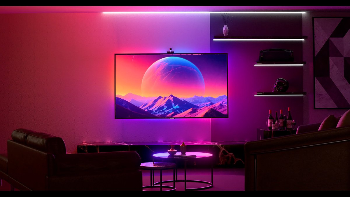 Aura TV Backlight 3D render, pink ambient light behind a wall-mounted TV